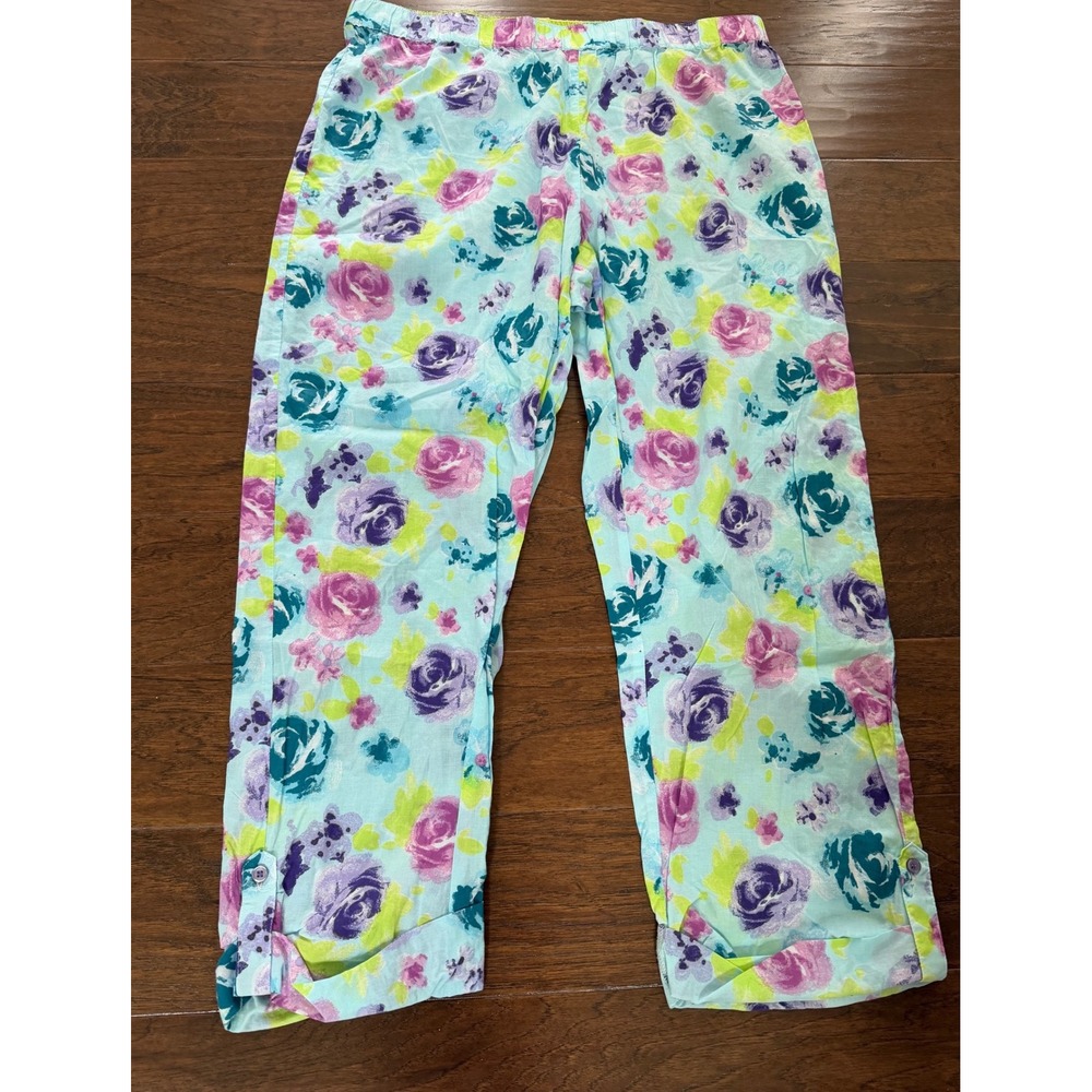 Relativity Intimates Floral Pajama Pants XL Blue Purple Green Button Cuff Lounge